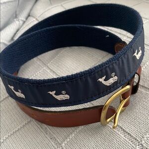 Navy and Brown Men's Belt with Whale Design